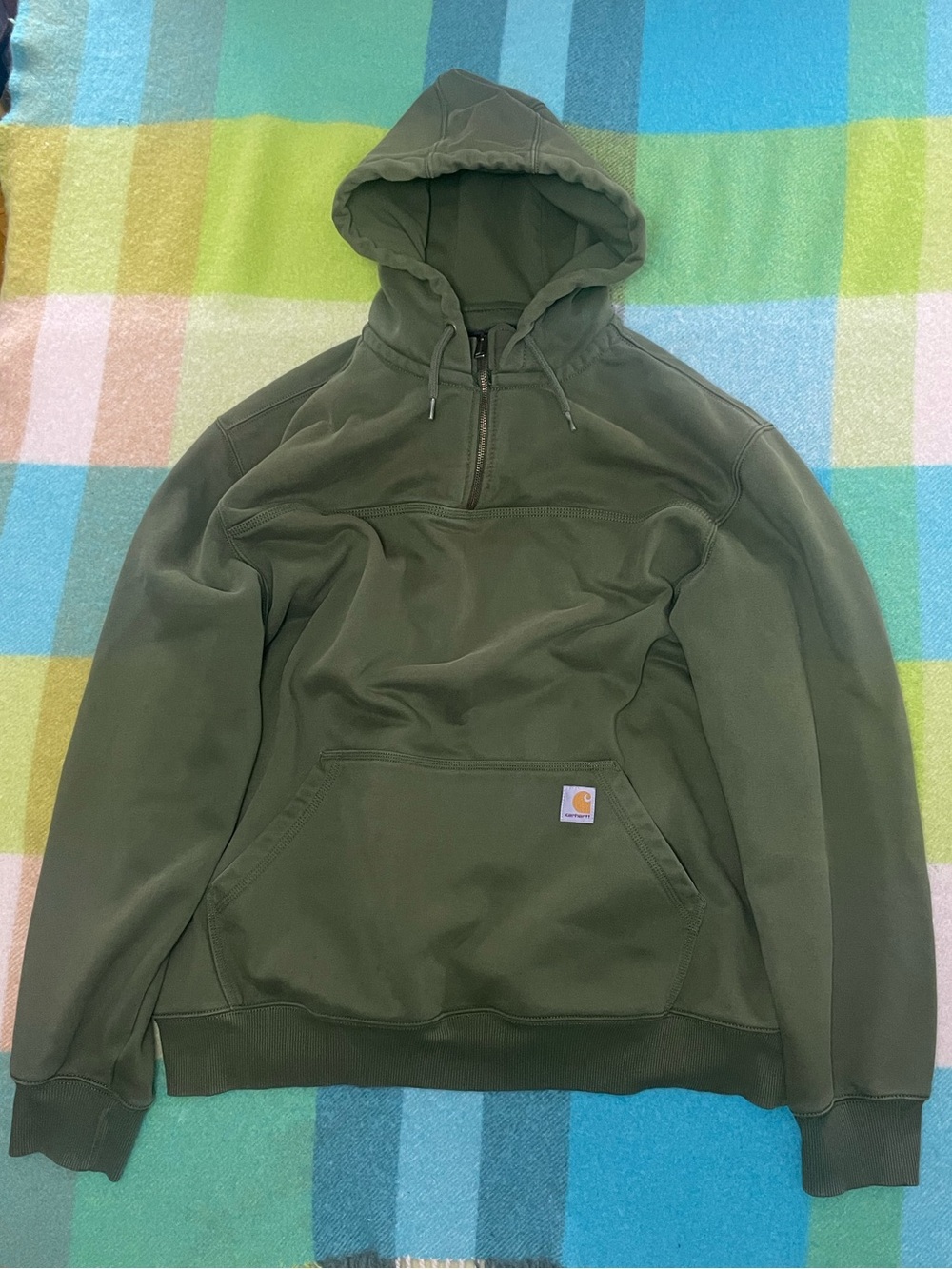 Carhartt Rain Defender Olive Green Quarter-Zip Hooded Sweatshirt
